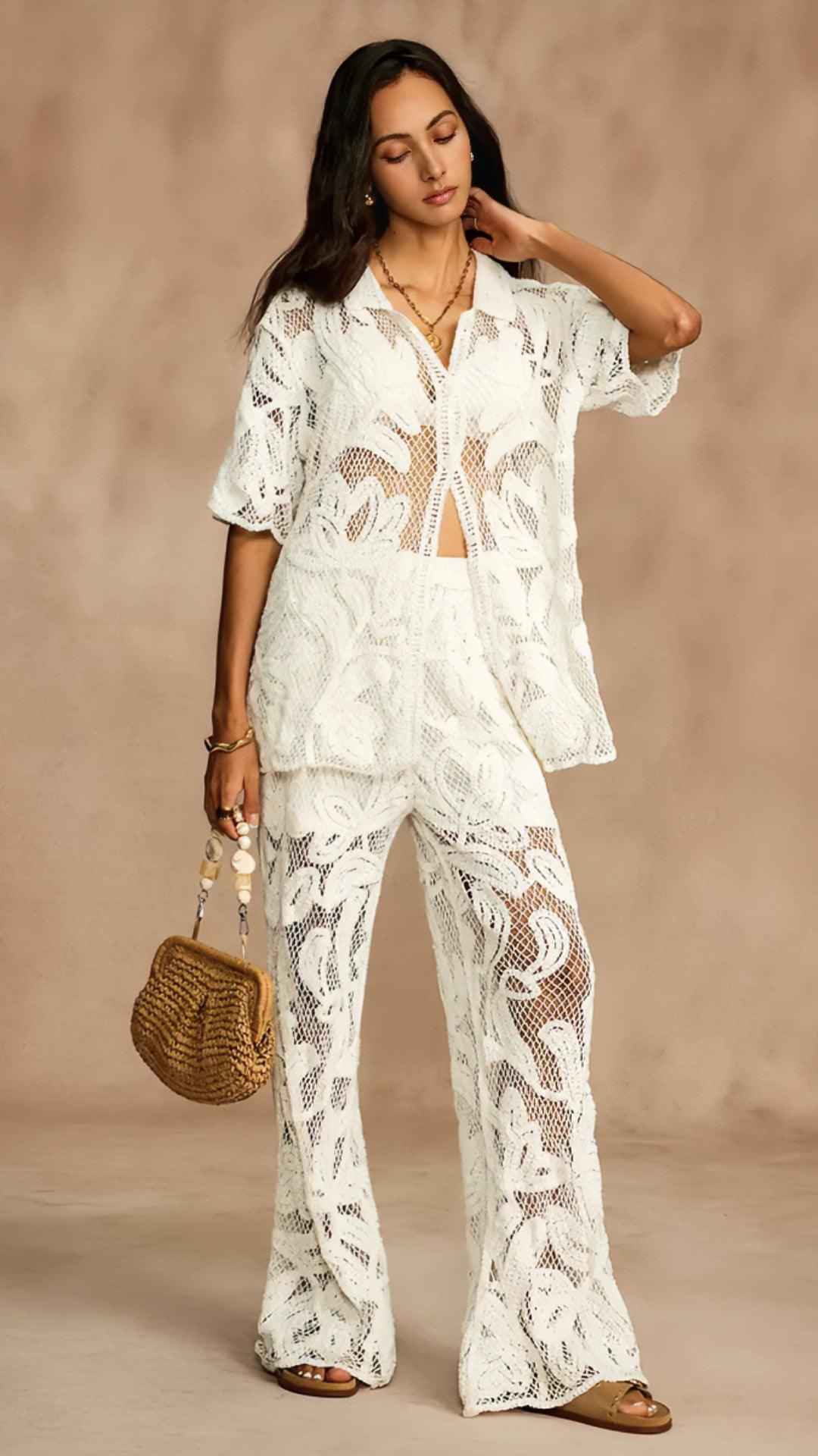 Conjunto Alvor Crochê Boho Chic Bege