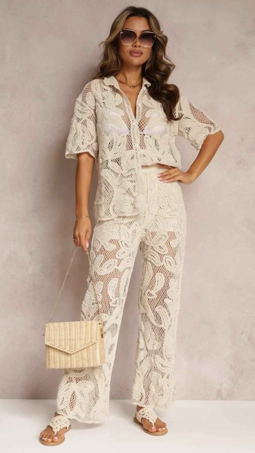 Conjunto Alvor Crochê Boho Chic Bege
