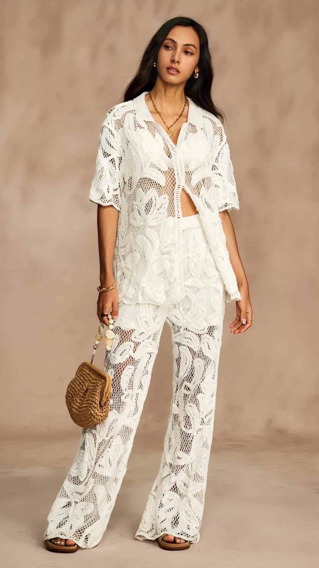Conjunto Alvor Crochê Boho Chic Bege